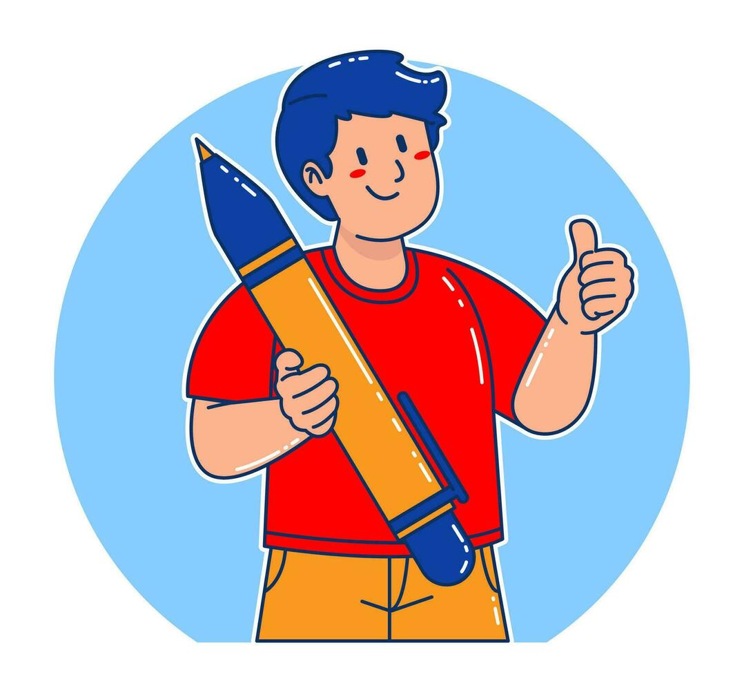 illustration of a man holding a large pen with thumb up gesture vector