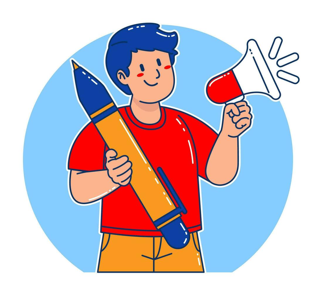 illustration of a man holding a large pen and megaphone vector