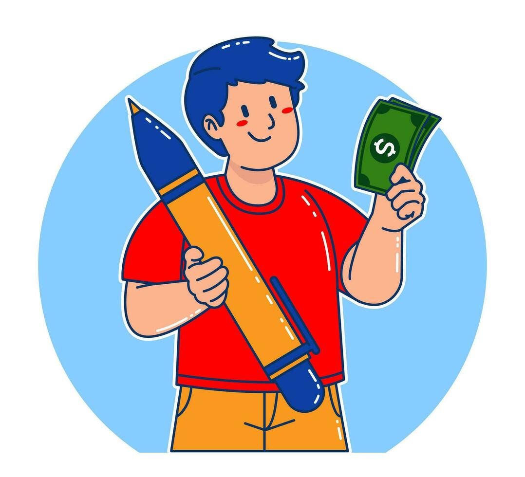 illustration of a man holding a large pen and money vector