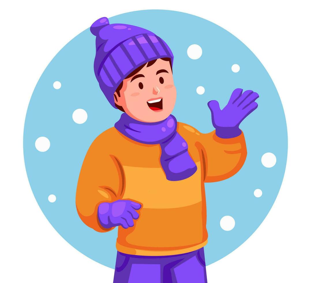 Boy in winter clothes with hands up in the air vector