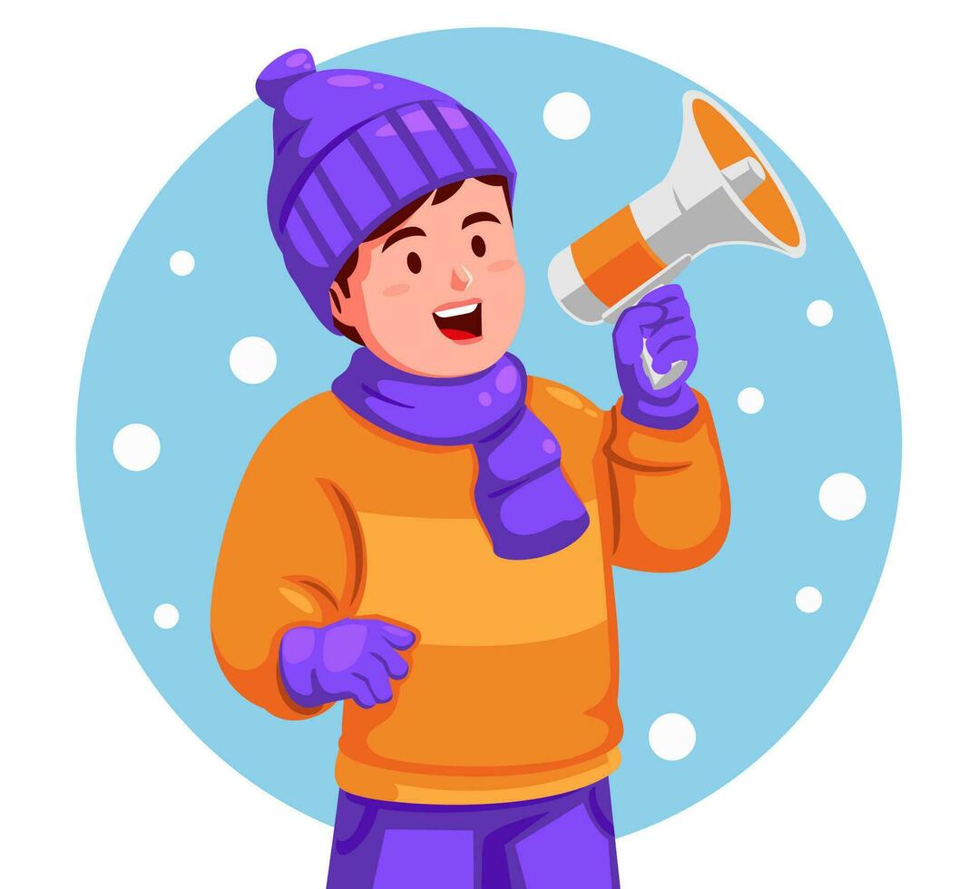 Boy Wearing Warm Clothes Holding a Megaphone vector