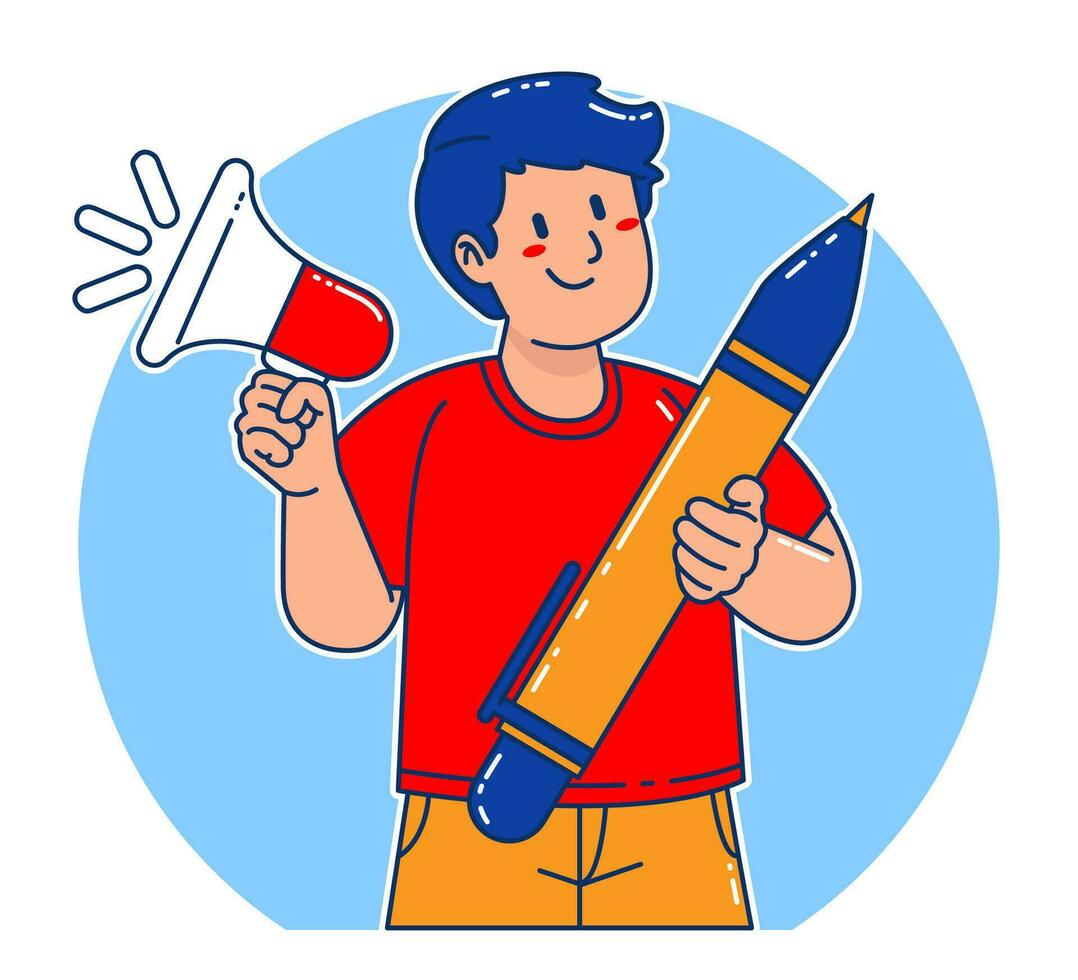 illustration of a man holding a large pen and megaphone vector