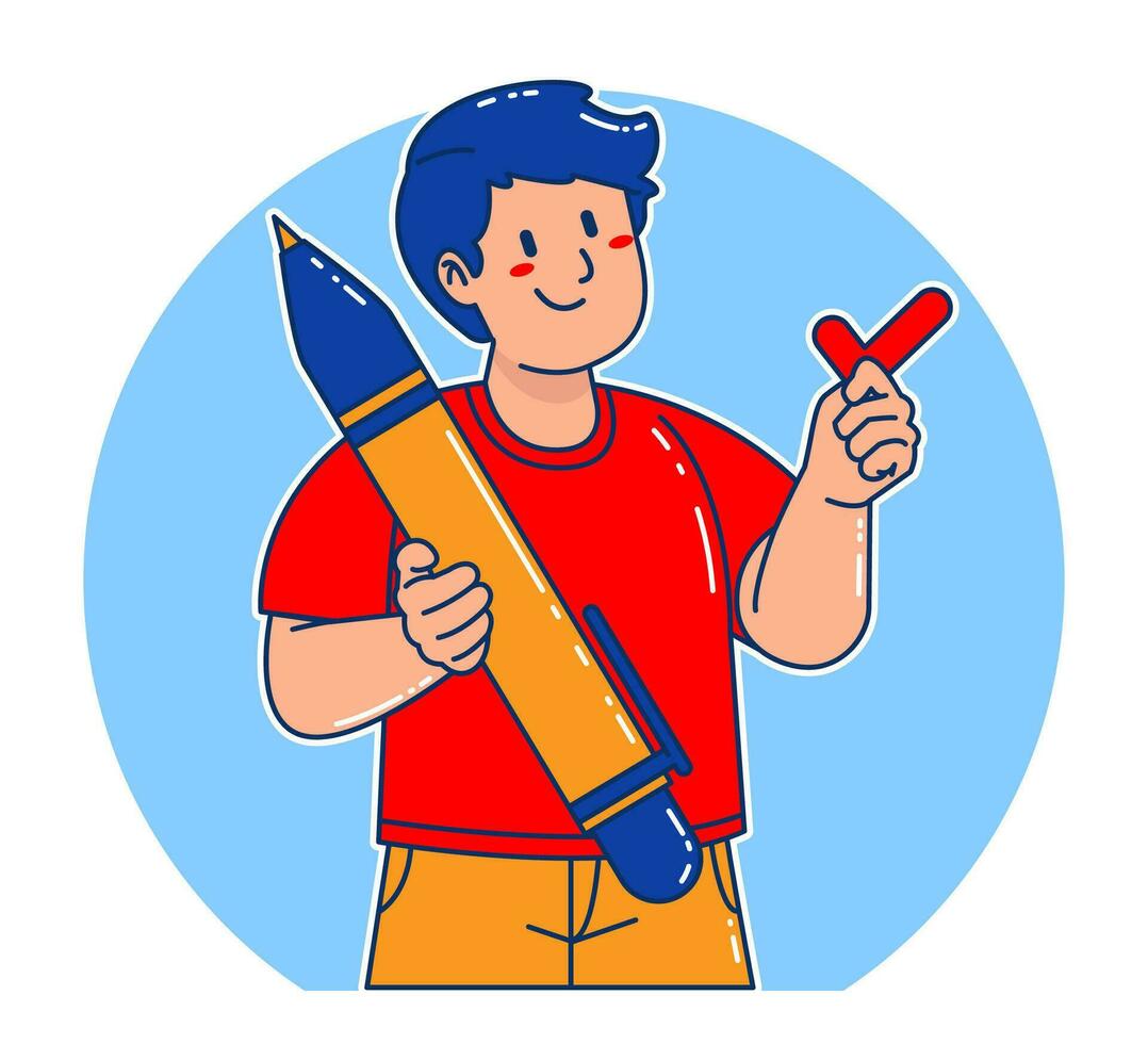 illustration of a man holding a large pen and check mark vector