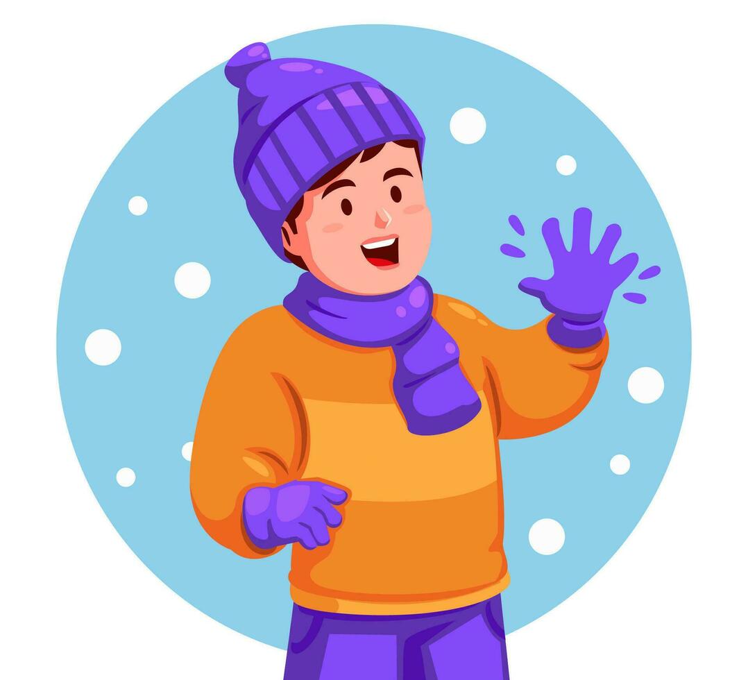 boy wearing a winter hat and gloves waving his hand vector