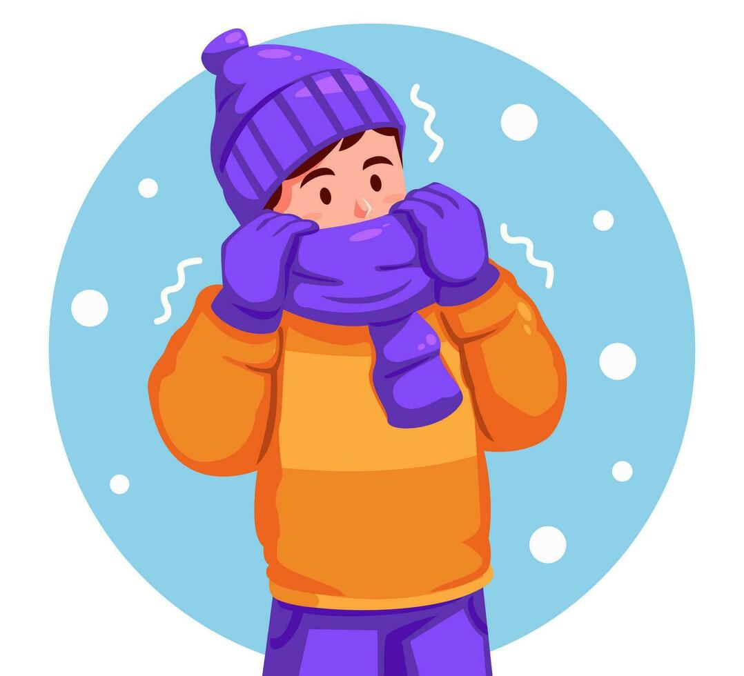Man Wearing a Winter Hat and Scarf feels shivering from the cold vector