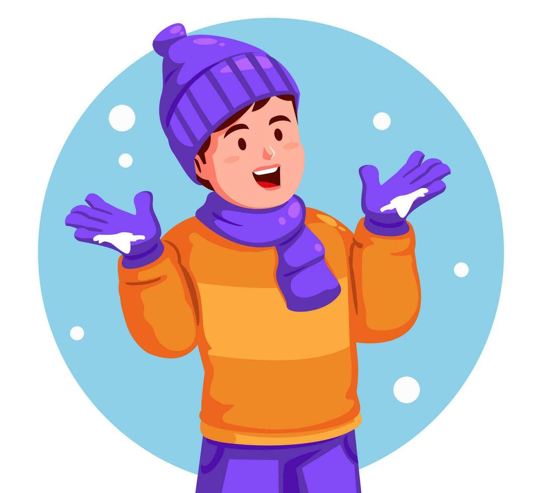 Boy in winter clothes with hands up in the air vector
