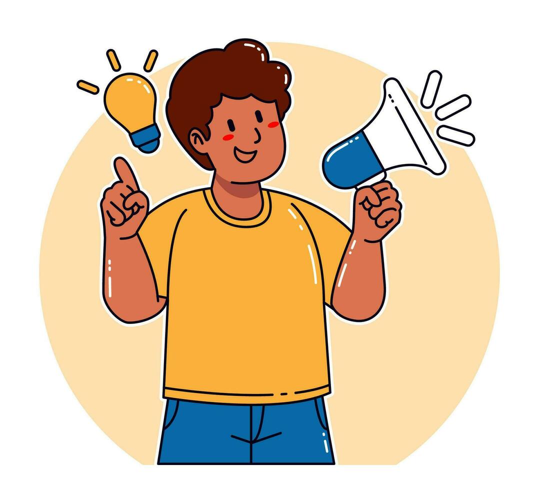 lack Man holding megaphone and thinking with light blub vector