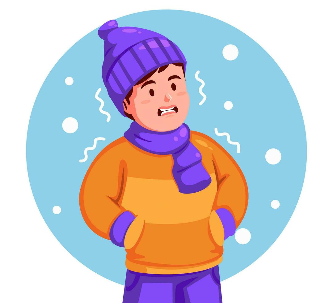 Man Wearing a Winter Hat and Scarf feels shivering from the cold vector