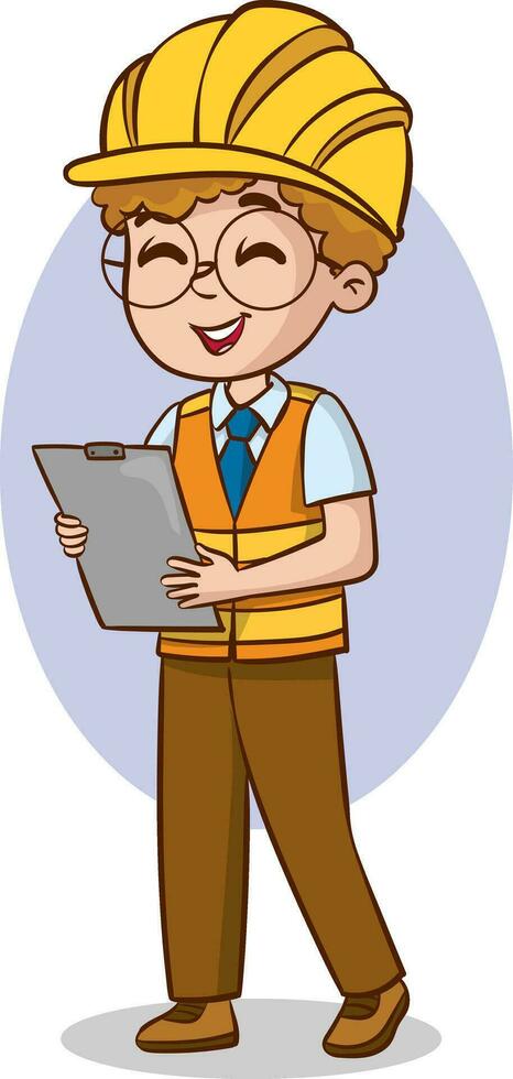 Cartoon engineer kid holding a clipboard and smiling. Vector illustration.