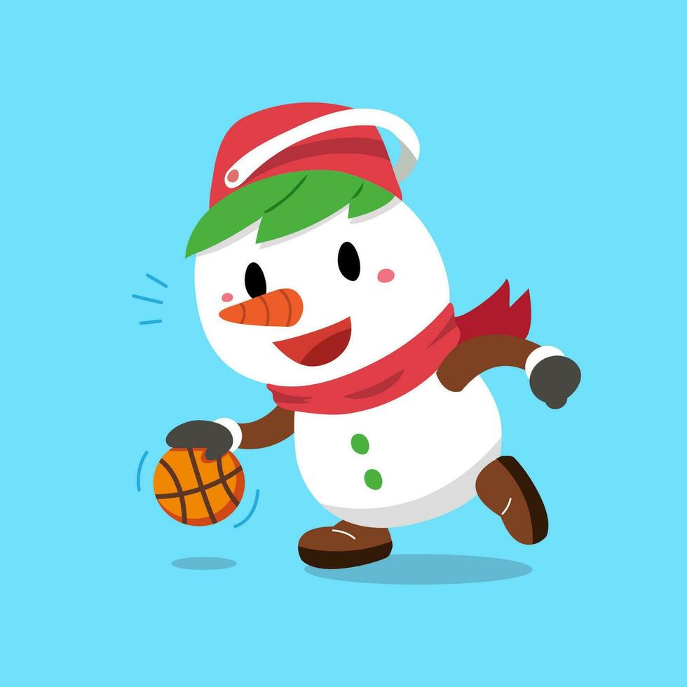 dibujos animados personaje Navidad monigote de nieve jugando baloncesto vector