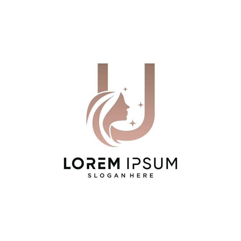 Beauty logo design combined on letter u with woman face icon and creative element vector
