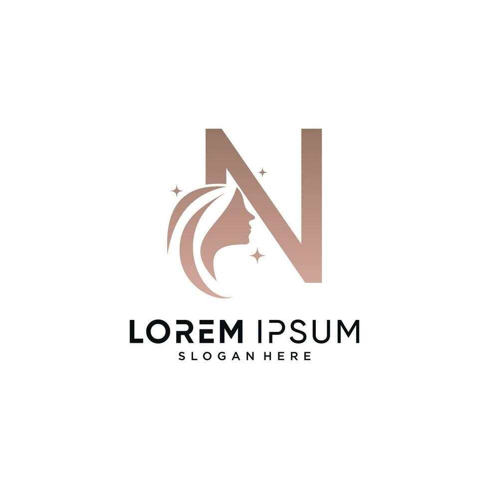 Beauty logo design combined on letter n with woman face icon and creative element vector