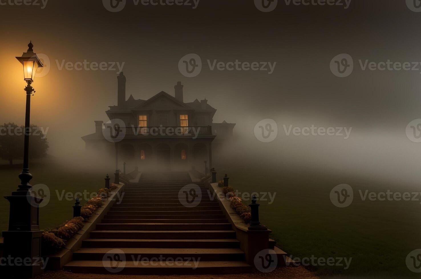 A foggy night with a house and stairs photo