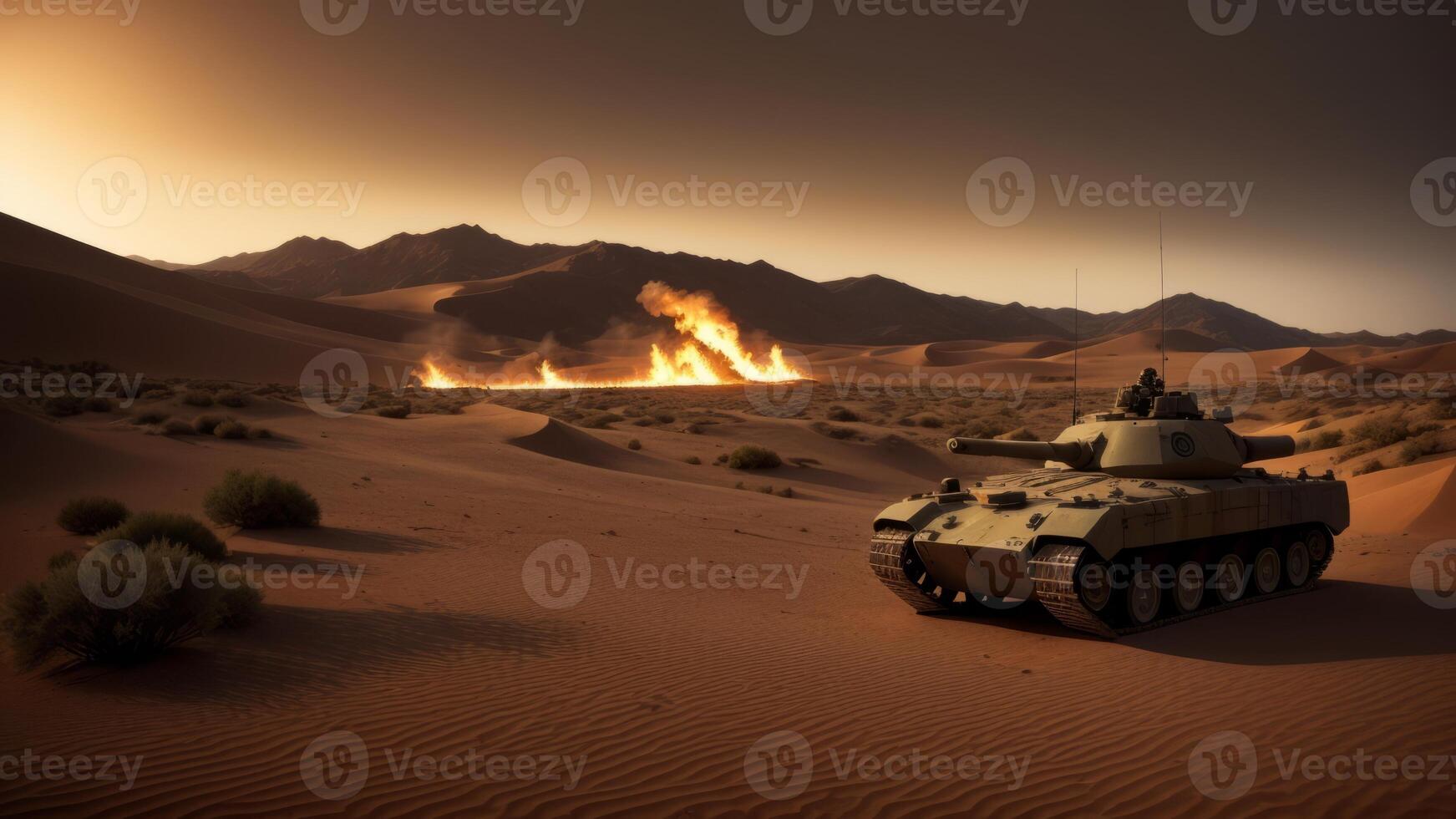 armored tank crosses a mine field during war invasion epic scene of fire and some in the desert. photo