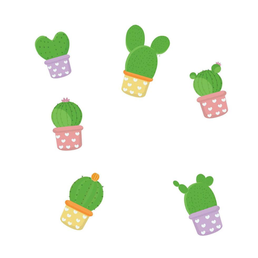 Cactus icons in a flat style on a white background. Home plants cactus in pots and with flowers. A variety of decorative cactus with prickles and without. vector