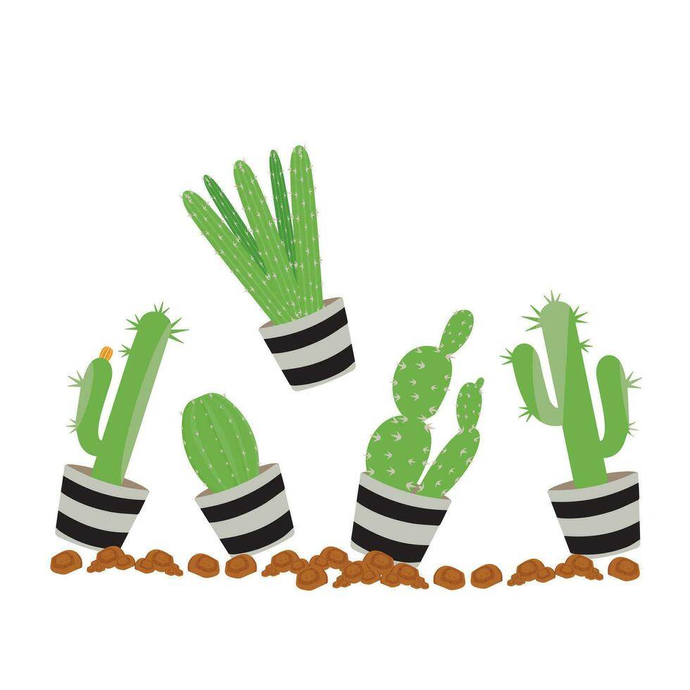 Cactus icons in a flat style on a white background. Home plants cactus in pots and with flowers. A variety of decorative cactus with prickles and without. vector