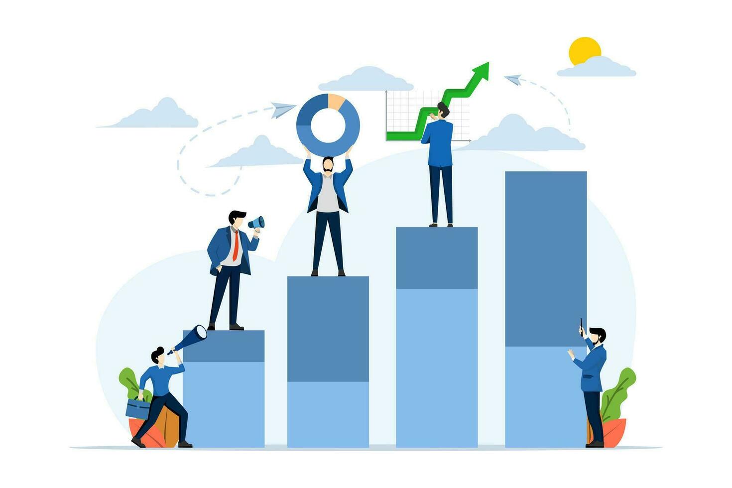 office worker studying infographics on graphs from columns, analyzing evolutionary scale, lifting vector. flat business illustration on white background. vector
