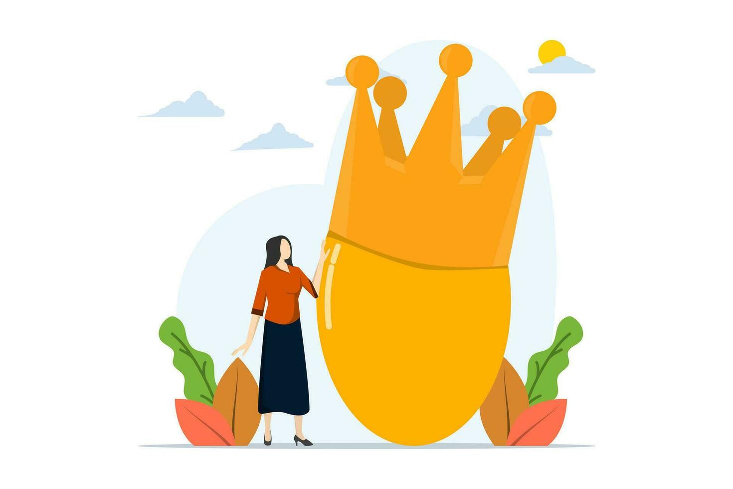 Concept of prosperity or valuable assets, golden egg investment, valuable retirement fund, wealth or savings, 401k or IRA, rich woman with crown wearing precious golden egg. vector