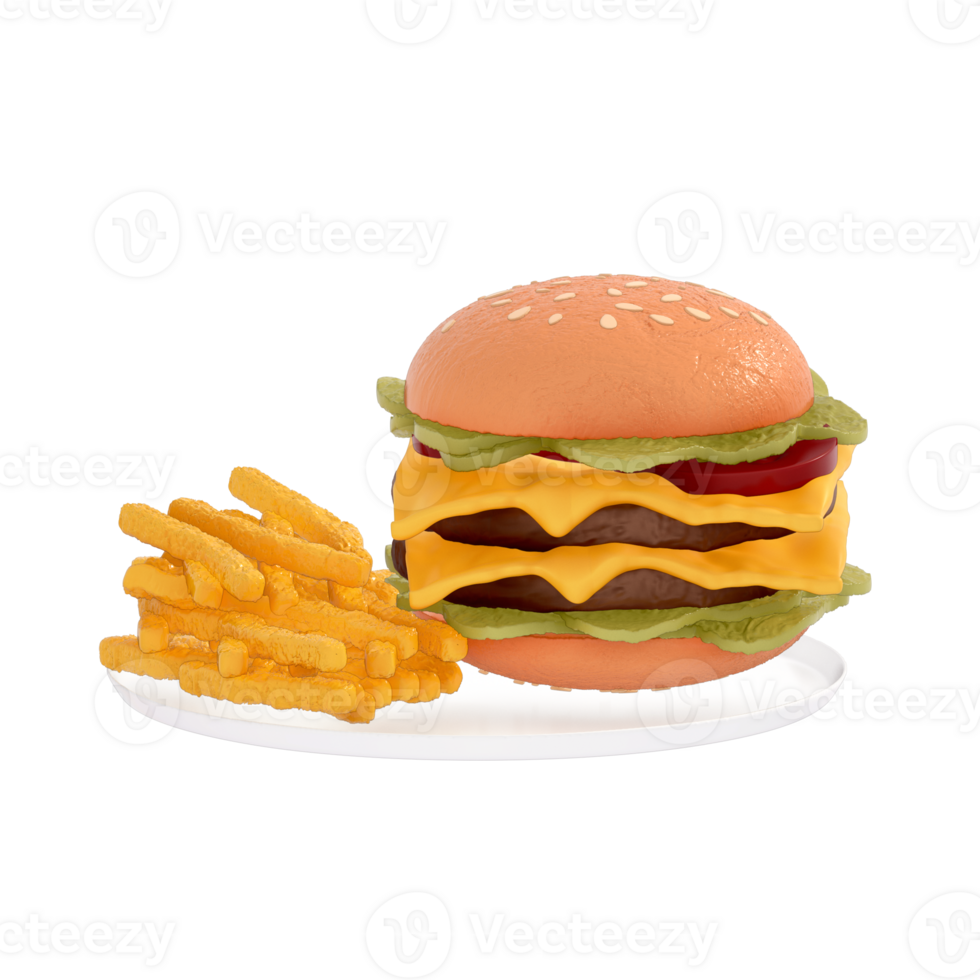 rápido comida menú 3d clipart, clásico hamburguesa con queso con un lado de papas fritas png