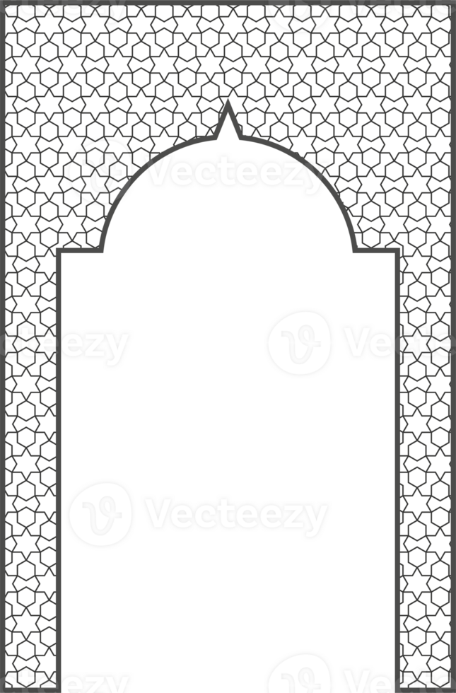 Islamic frame with arch and ornament. Ramadan gate on geometric background for wedding invitation design. Oriental decoration png