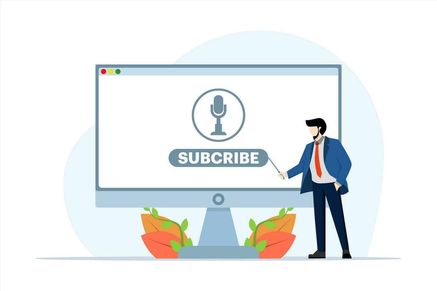 Podcast concept, A man holding a pointer stick and clicking a podcast subscribe button on a large computer as a background, Flat vector illustration on a white background.