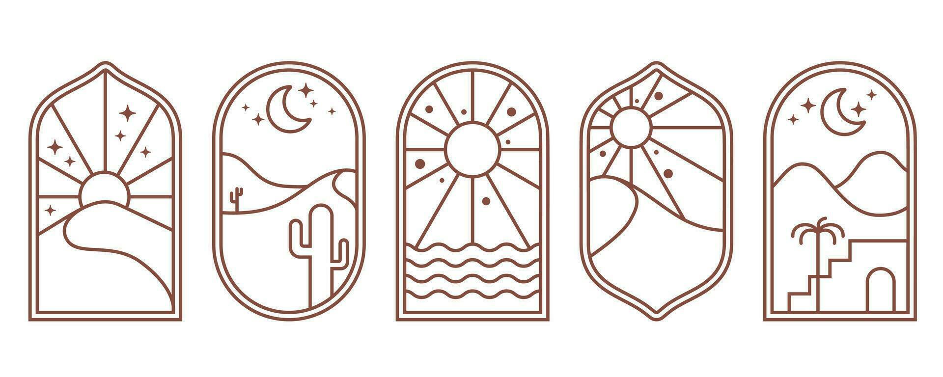 Desert boho logo with mountain and sun landscape. Bohemian valley with moon and cactus. Abstract aesthetic design set. Vector arc with aurora. Outline travel graphic decoration