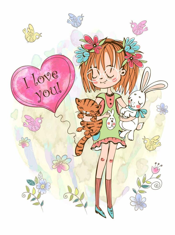 A Valentine's Day card. Cute girl with a balloon in the form of a watercolor heart.  Watercolor background. Vector. vector