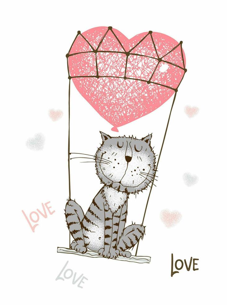 A Valentine's Day card. Cute cat is flying in a balloon. Vector. vector