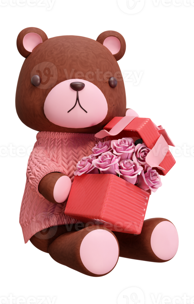 3D rendering illustration of little bear wearing pink clothes on transparent background, suitable for Valentine's Day, wedding, birthday etc. png