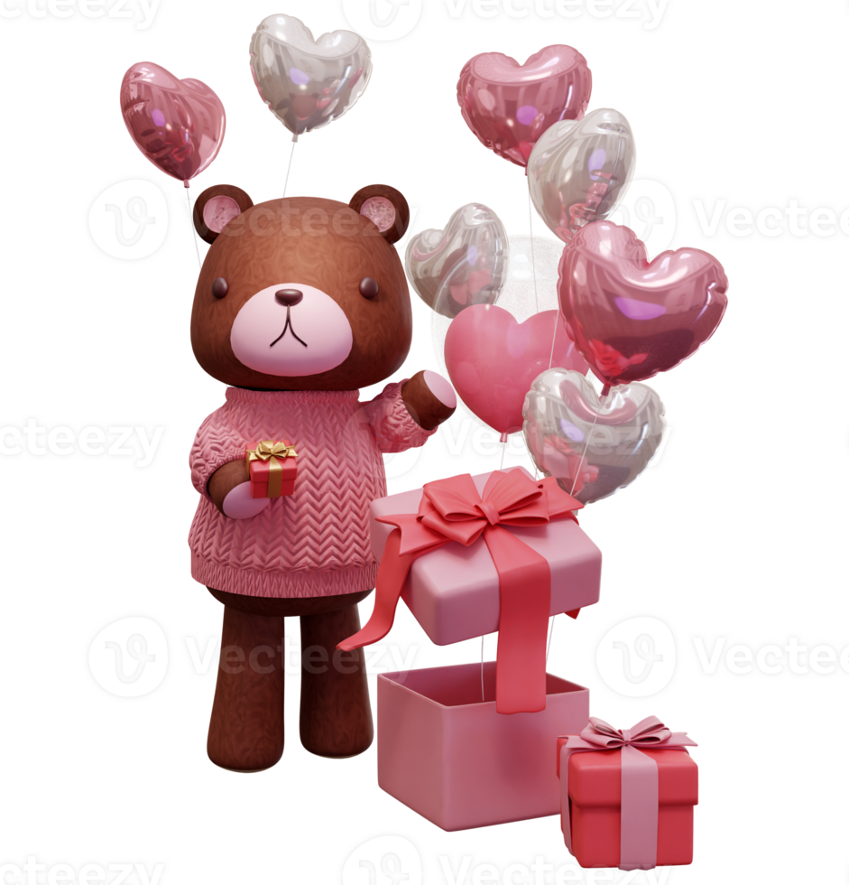 3D rendering illustration of little bear wearing pink clothes on transparent background, suitable for Valentine's Day, wedding, birthday etc. png
