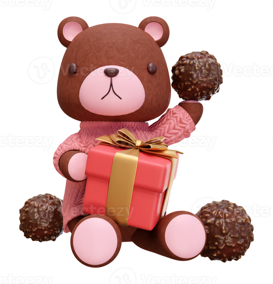 3D rendering illustration of little bear wearing pink clothes on transparent background, suitable for Valentine's Day, wedding, birthday etc. png