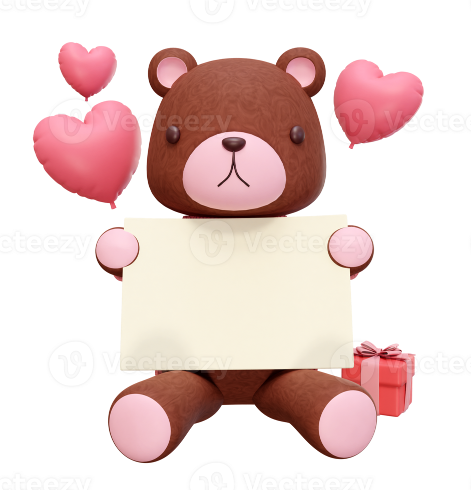 3D rendering illustration of little bear wearing pink clothes on transparent background, suitable for Valentine's Day, wedding, birthday etc. png