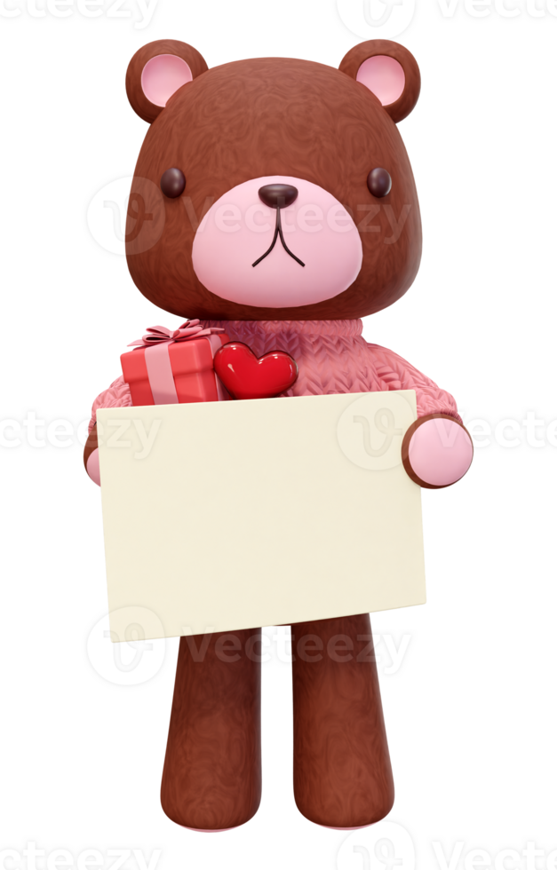 3D rendering illustration of little bear wearing pink clothes on transparent background, suitable for Valentine's Day, wedding, birthday etc. png