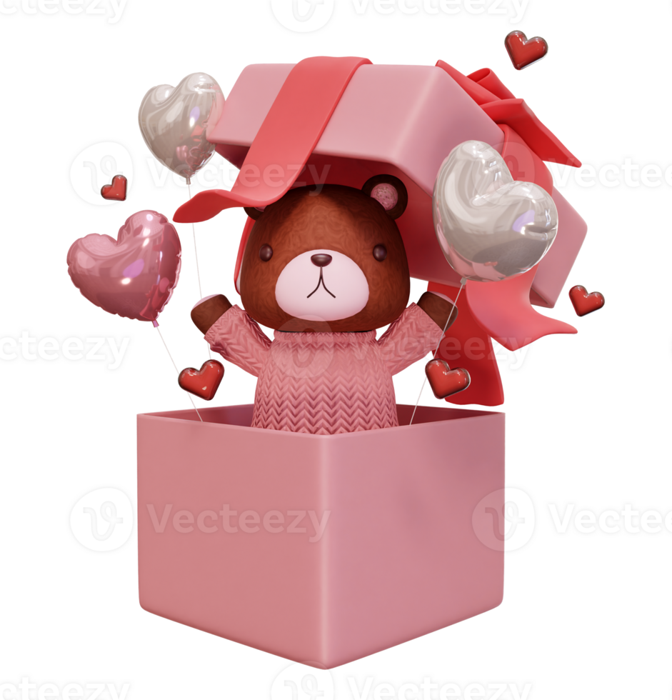 3D rendering illustration of little bear wearing pink clothes on transparent background, suitable for Valentine's Day, wedding, birthday etc. png