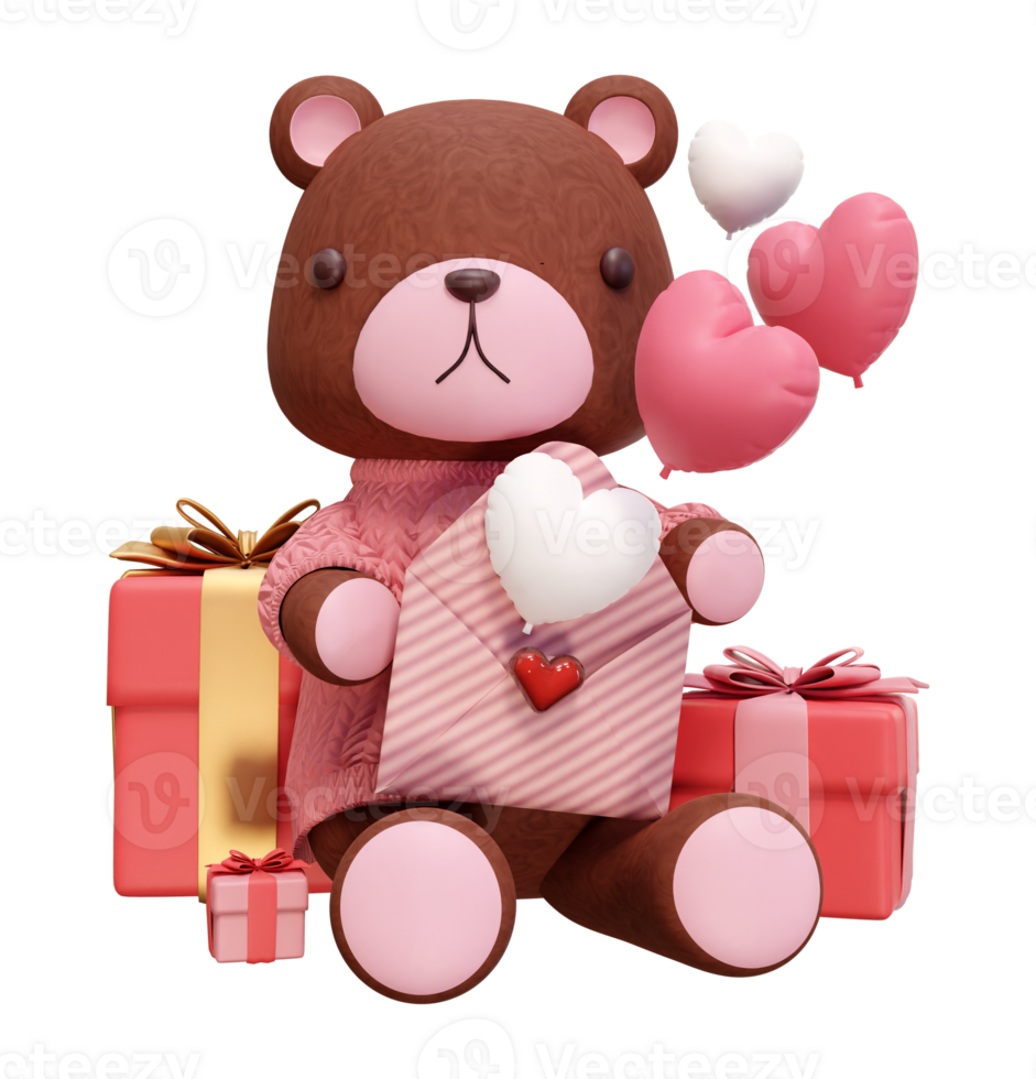3D rendering illustration of little bear wearing pink clothes on transparent background, suitable for Valentine's Day, wedding, birthday etc. png
