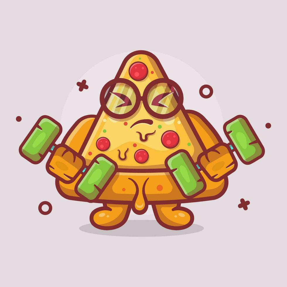 linda Pizza personaje mascota haciendo culturismo utilizando pesa aislado dibujos animados en plano estilo diseño vector