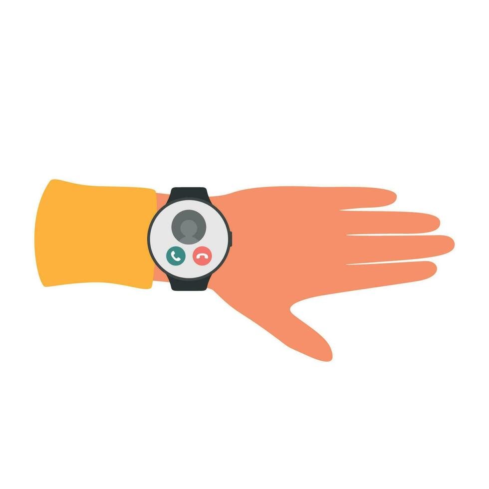 Male hand with smart watch. Incoming call in screen with buttons. Vector