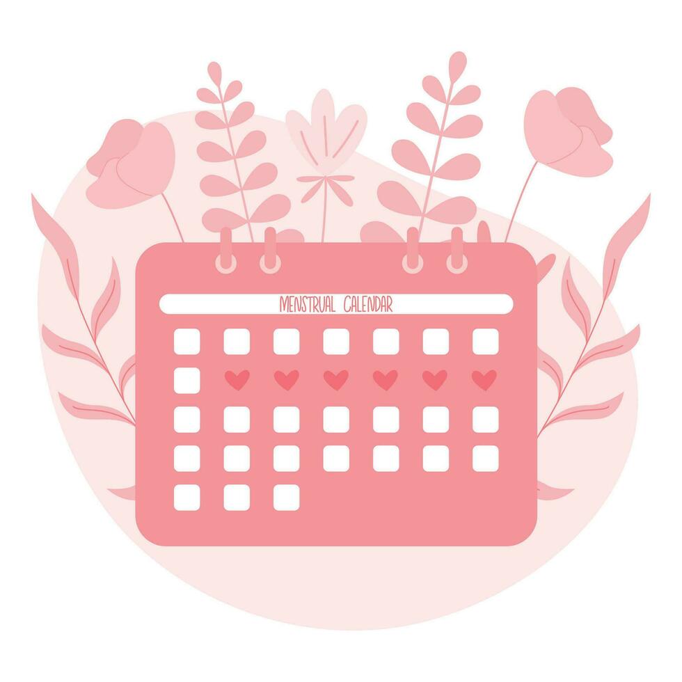 Menstrual Period Calendar with floral background.  Menstruation woman cycle control. Vector