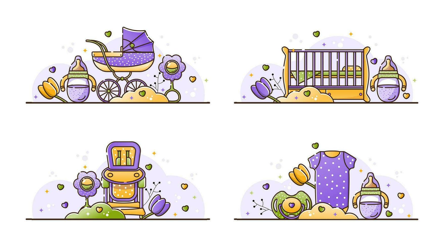 Set of lineal baby shower illustrations vector