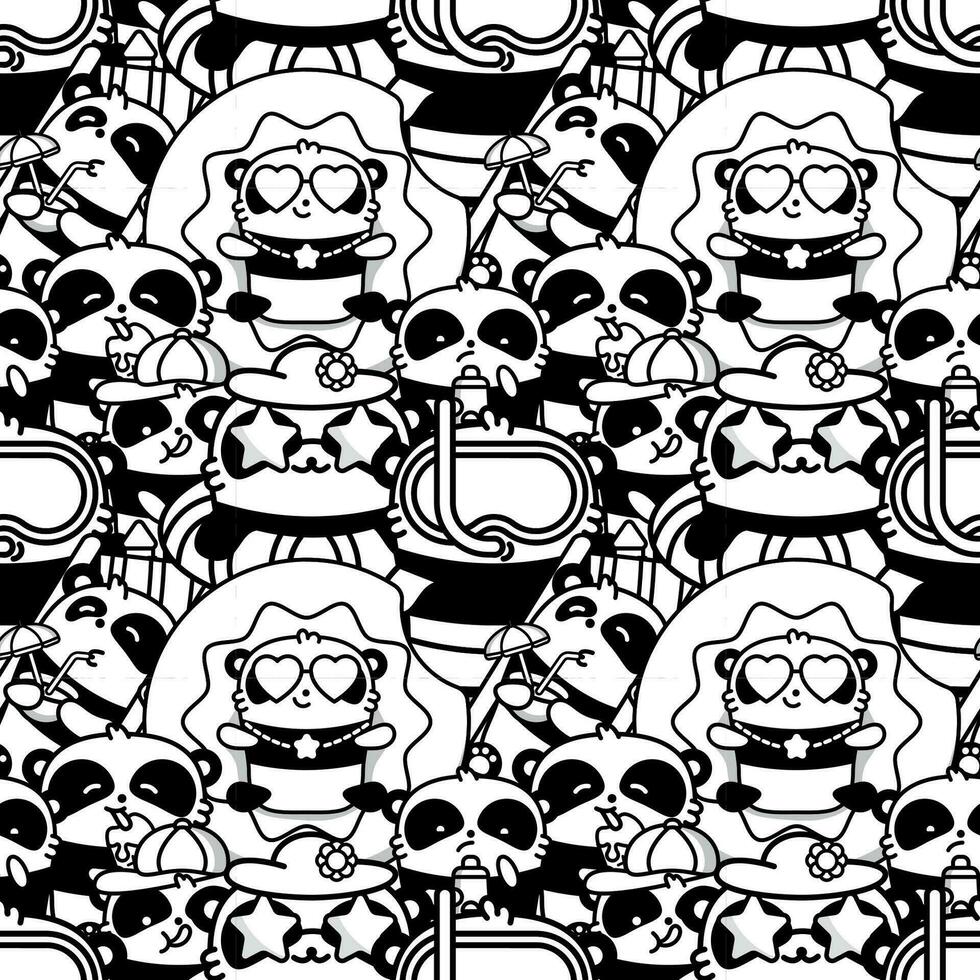 Seamless pattern with cute kawaii pandas vector