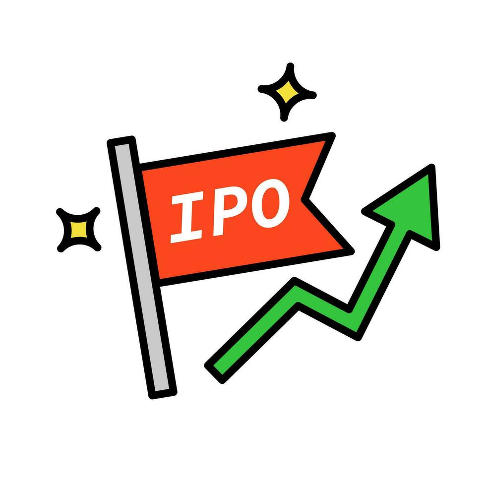 IPO flag icon. Glitter symbol and rising arrow. Vector. vector