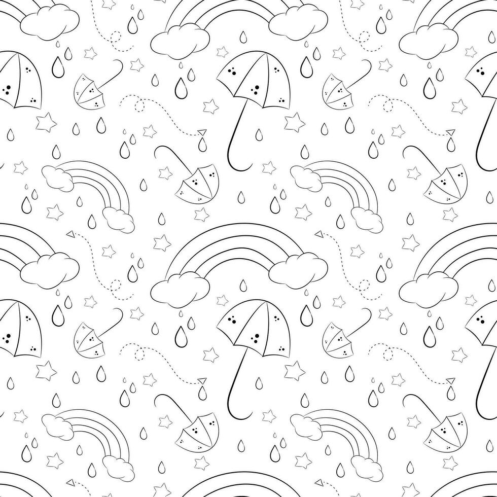 Vector seamless pattern with rainbows and umbrellas