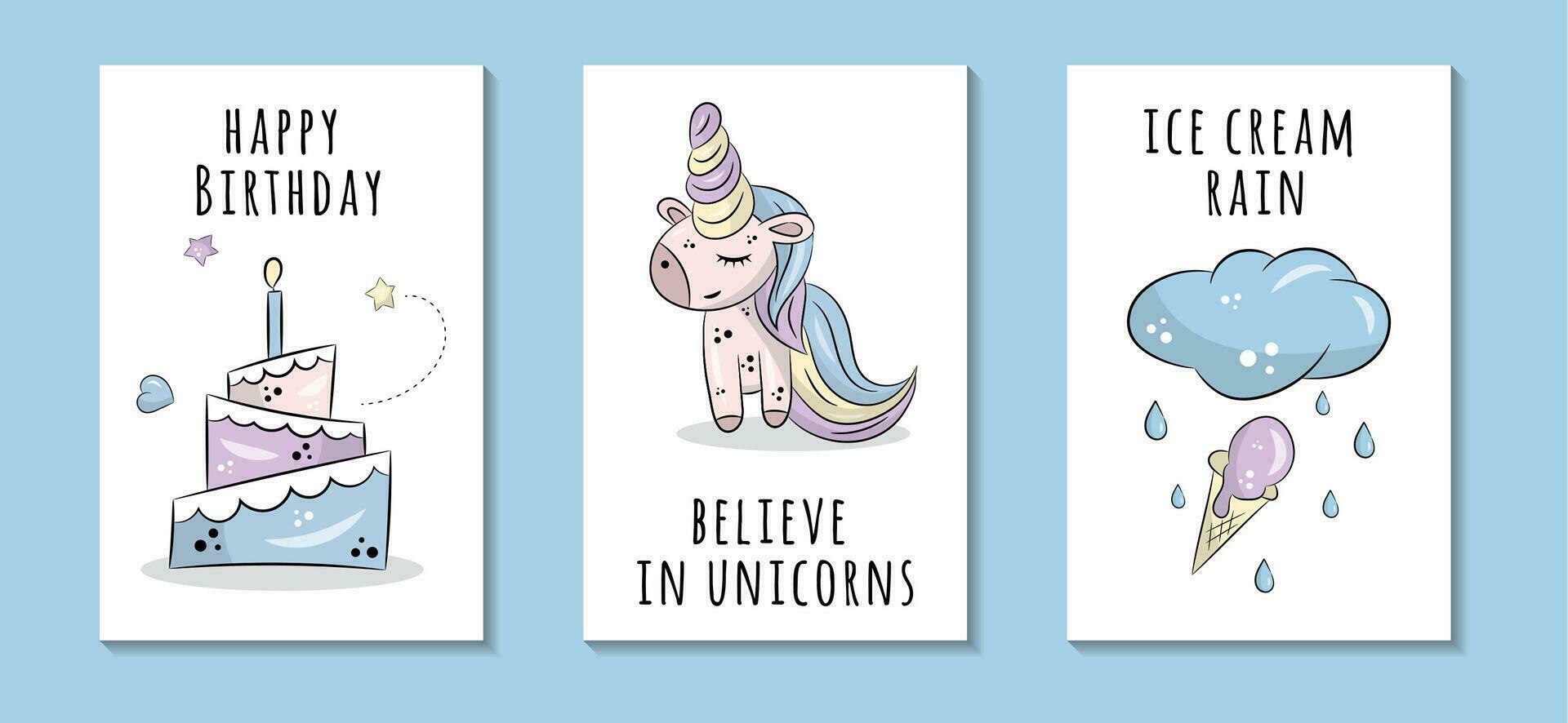 conjunto de vector tarjetas con unicornio