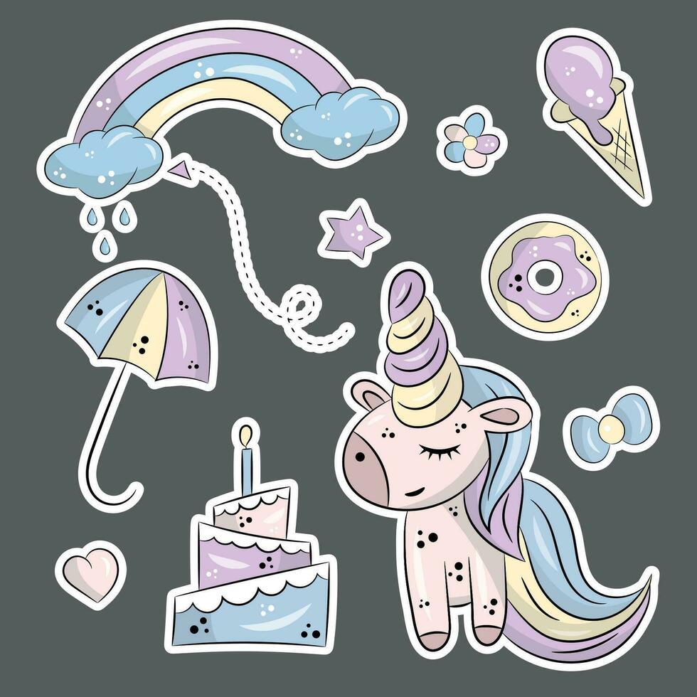 Set of stickers with unicorn vector