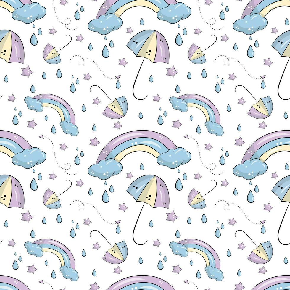 Vector seamless pattern with rainbows and umbrellas