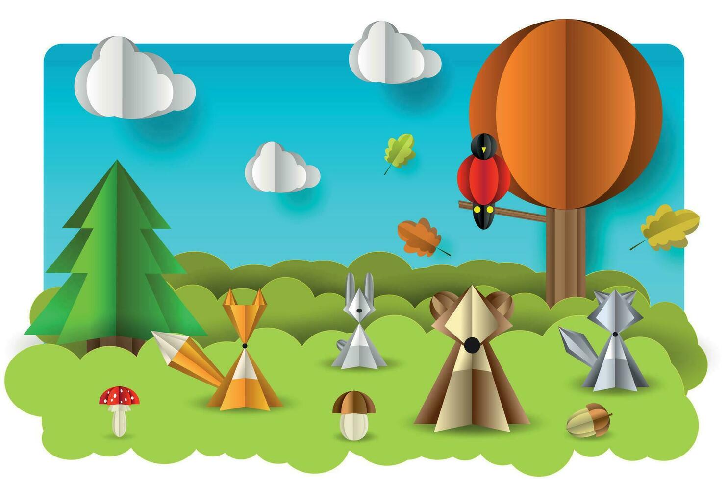 Paper cut illustration of forest and animals vector