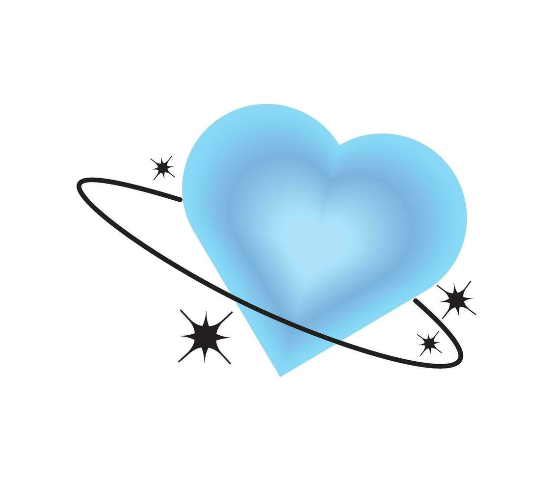 Blurry blue heart aura aesthetic element with linear form and sparkle. Trendy modern y2k style design template. Blurred gradient heart with stars vector