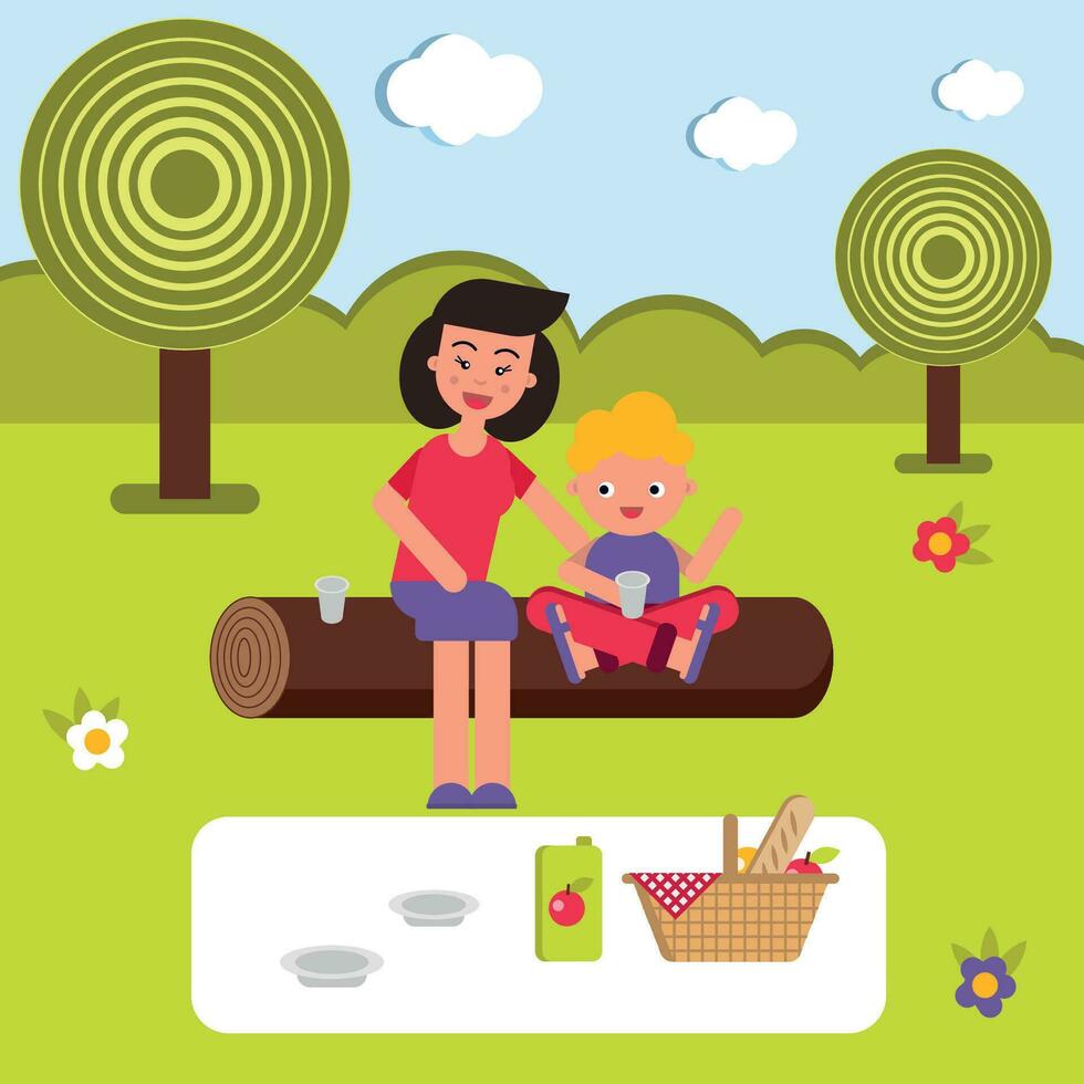 Happy family on the nature on the picnic, vectro flat illustration vector