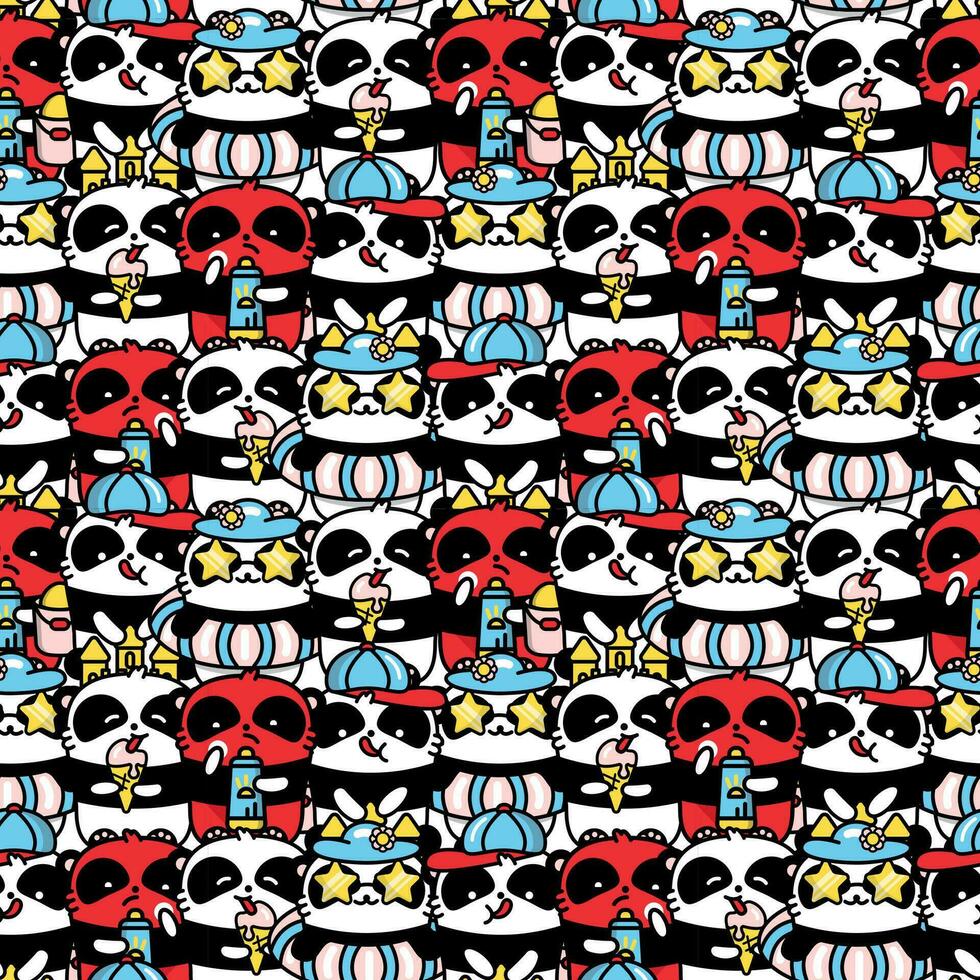 Seamless pattern with cute kawaii pandas vector