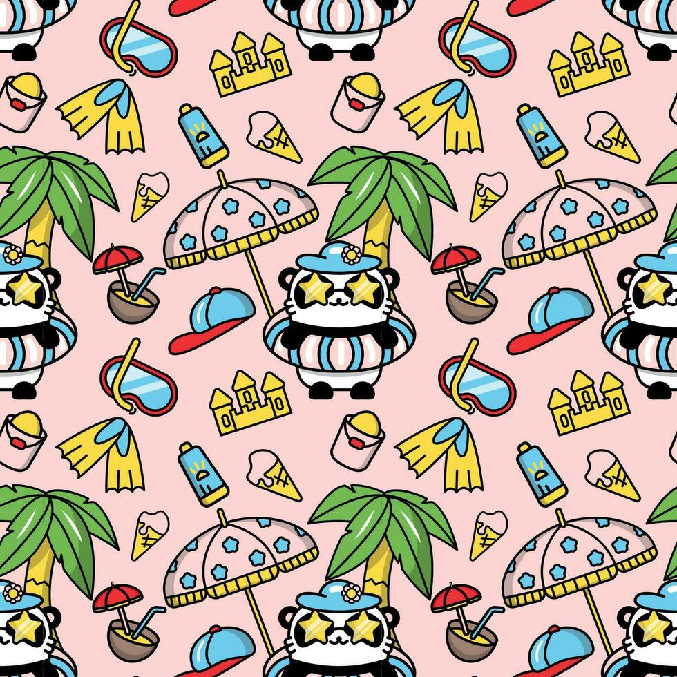 Seamless pattern with cute kawaii pandas vector